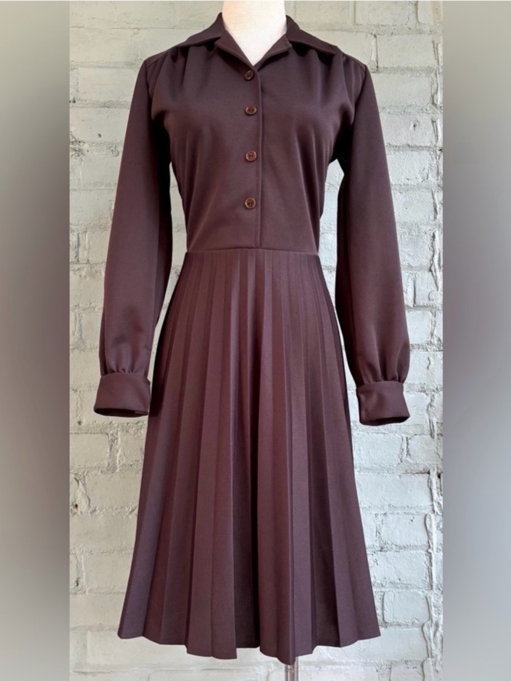 Vintage Brown Pleated Midi Shirt Dress